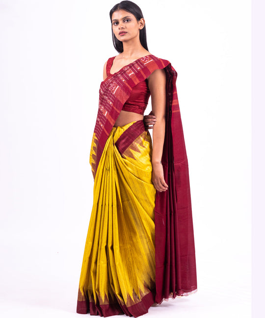 Yellow maroon handwoven tussar silk saree