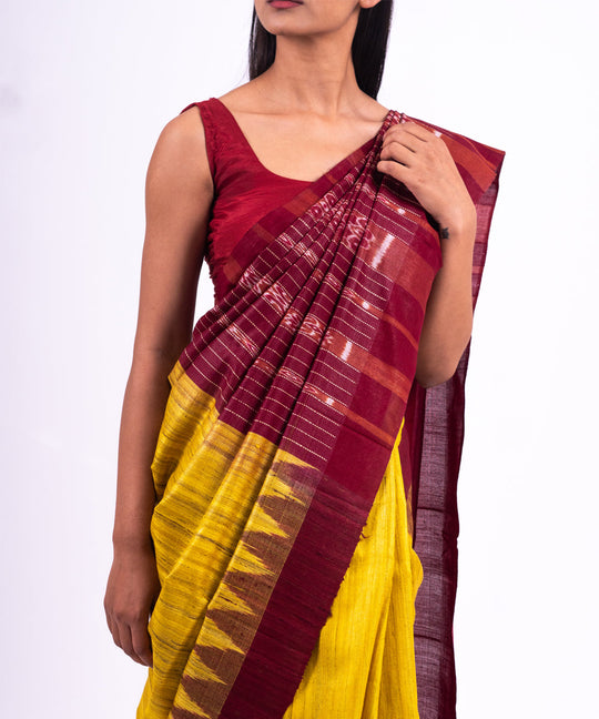 Yellow maroon handwoven tussar silk saree
