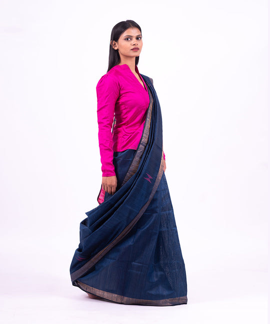 Pink blue handwoven tussar silk saree