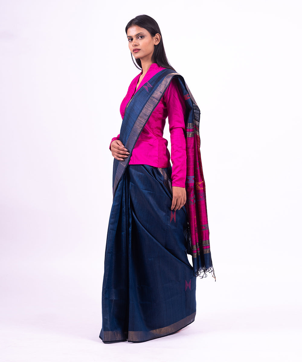 Pink blue handwoven tussar silk saree
