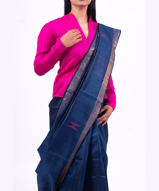 Pink blue handwoven tussar silk saree