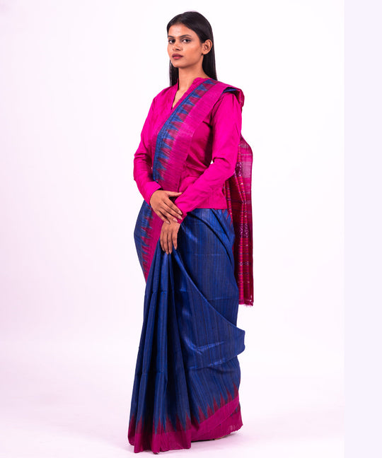 Dark blue pink handwoven tussar silk saree