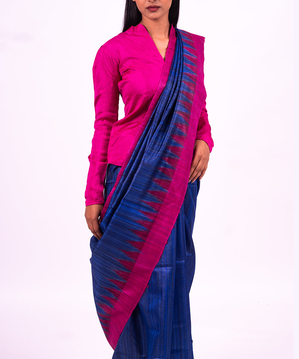 Dark blue pink handwoven tussar silk saree