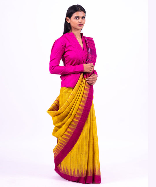 Yellow pink handwoven tussar silk saree
