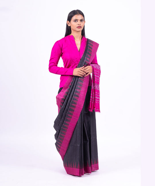 Black pink handwoven tussar silk saree