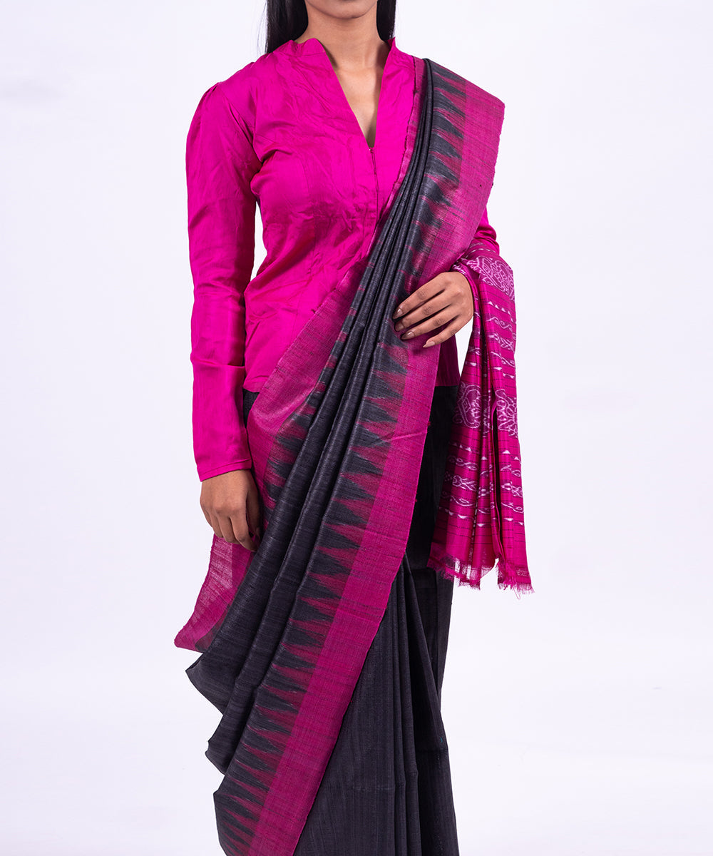 Black pink handwoven tussar silk saree