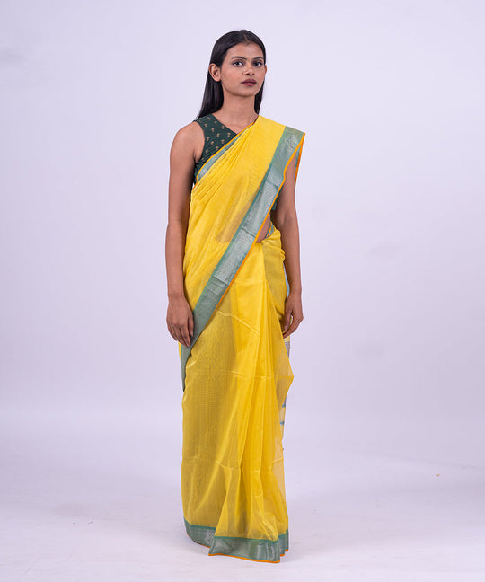 Yellow aqua handwoven maheshwari cotton silk saree