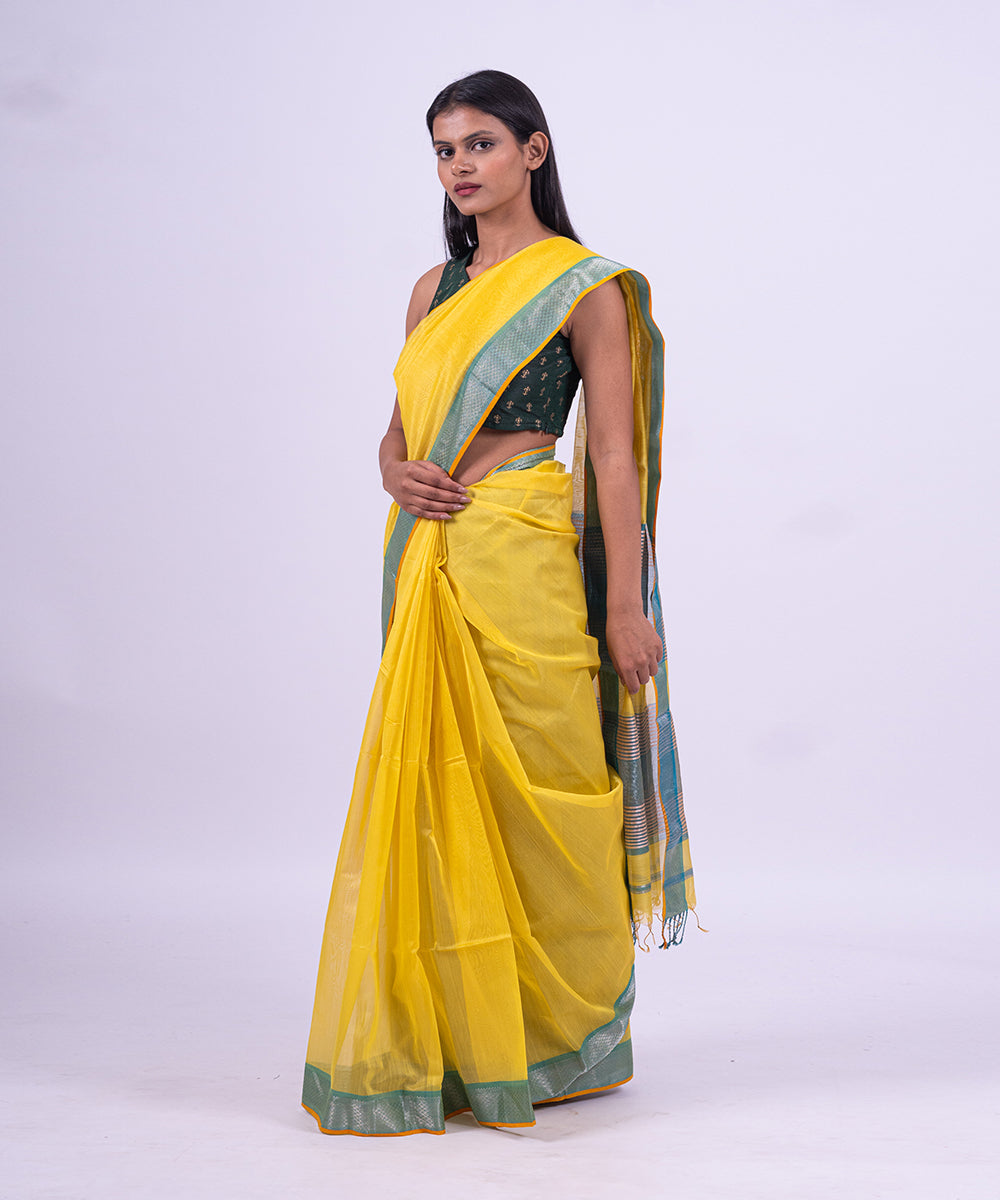Yellow aqua handwoven maheshwari cotton silk saree