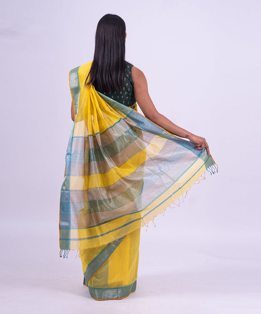 Yellow aqua handwoven maheshwari cotton silk saree