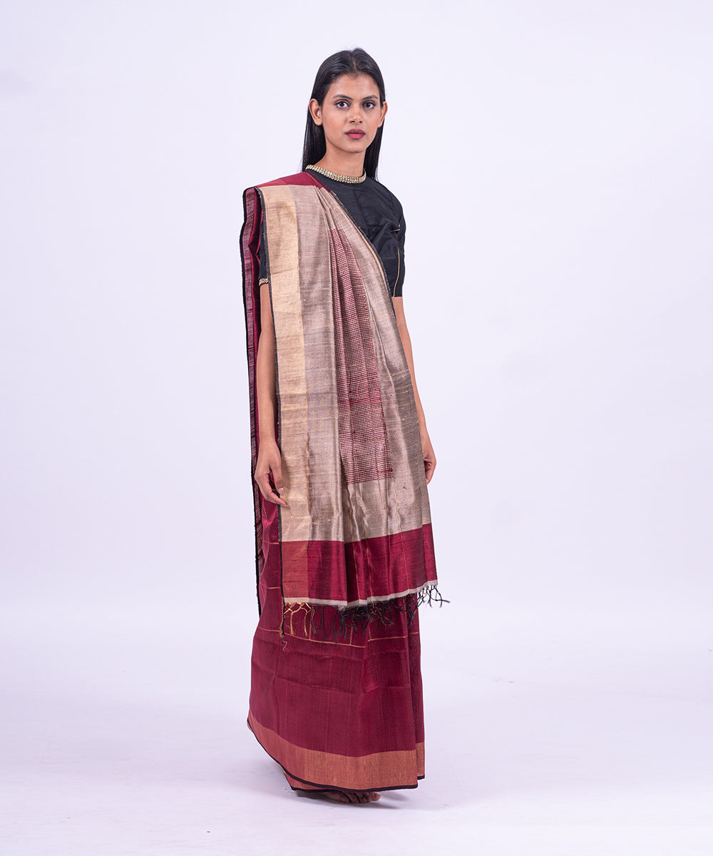 Maroon handwoven tussar silk saree
