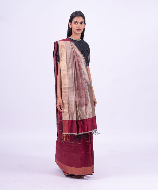 Maroon handwoven tussar silk saree