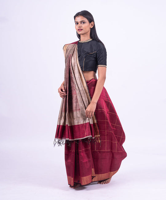 Maroon handwoven tussar silk saree