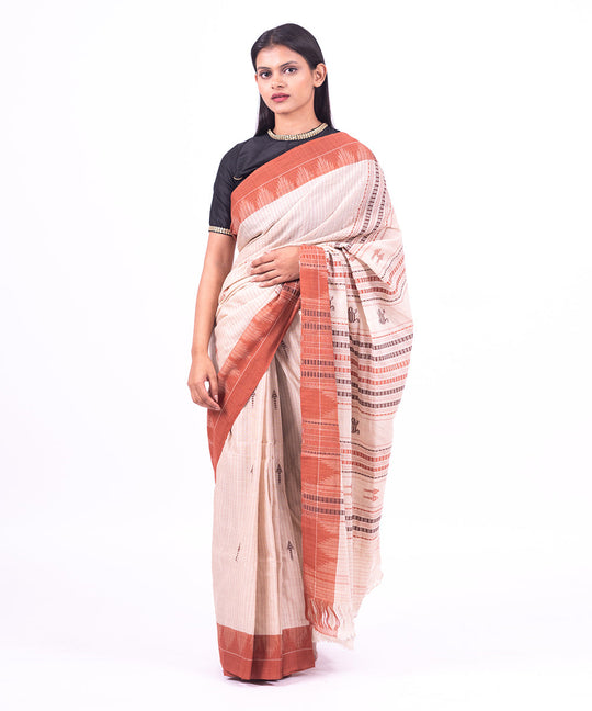 Cream with brown border handwoven cotton kotpad saree
