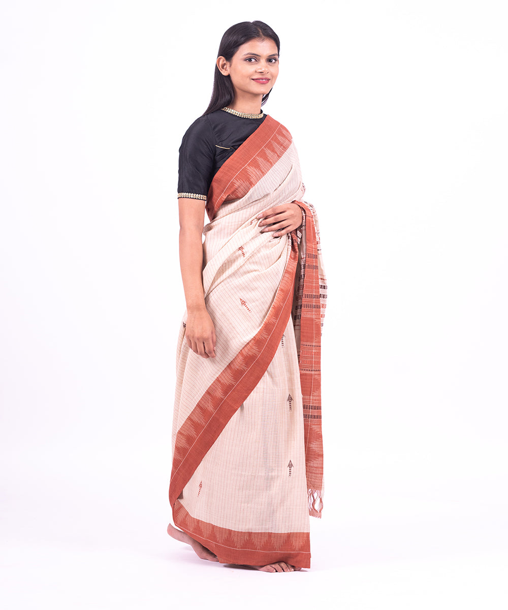 Cream with brown border handwoven cotton kotpad saree