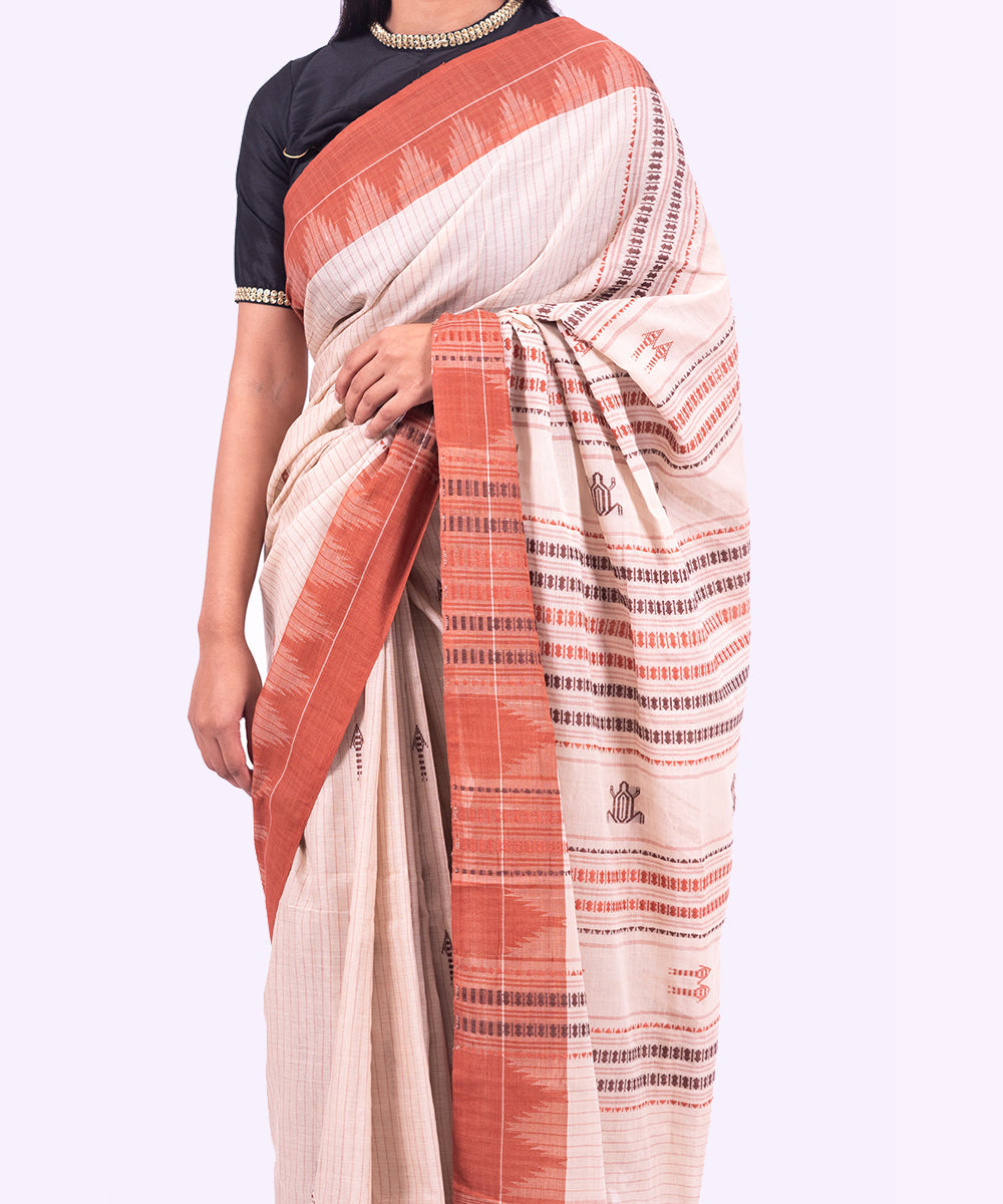 Cream with brown border handwoven cotton kotpad saree