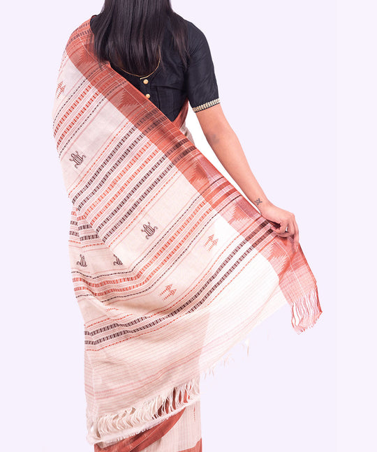 Cream with brown border handwoven cotton kotpad saree