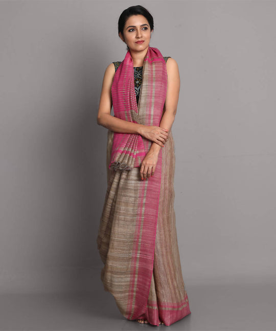 Beige and pink handwoven tussar silk saree