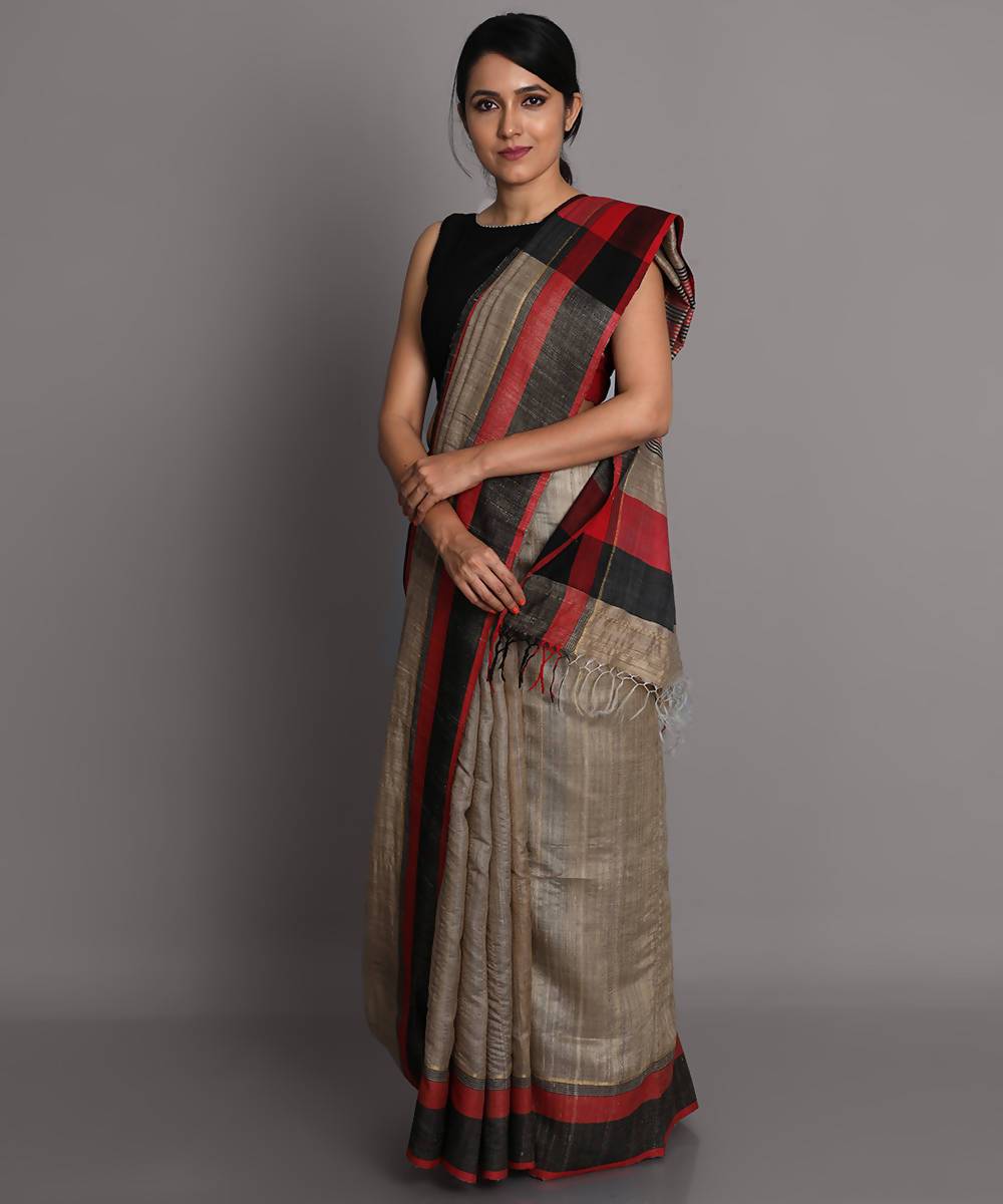 Beige handwoven tussar silk saree