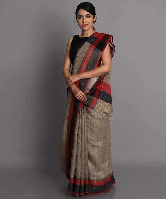 Beige handwoven tussar silk saree