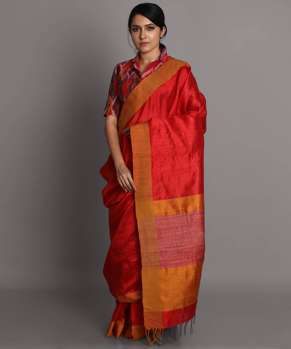 Red handwoven tussar silk saree