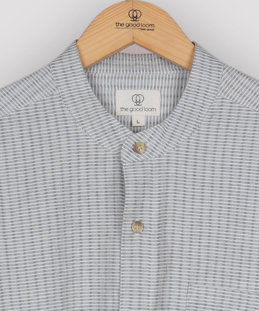 Light grey stripes mandarin collar cotton shirt