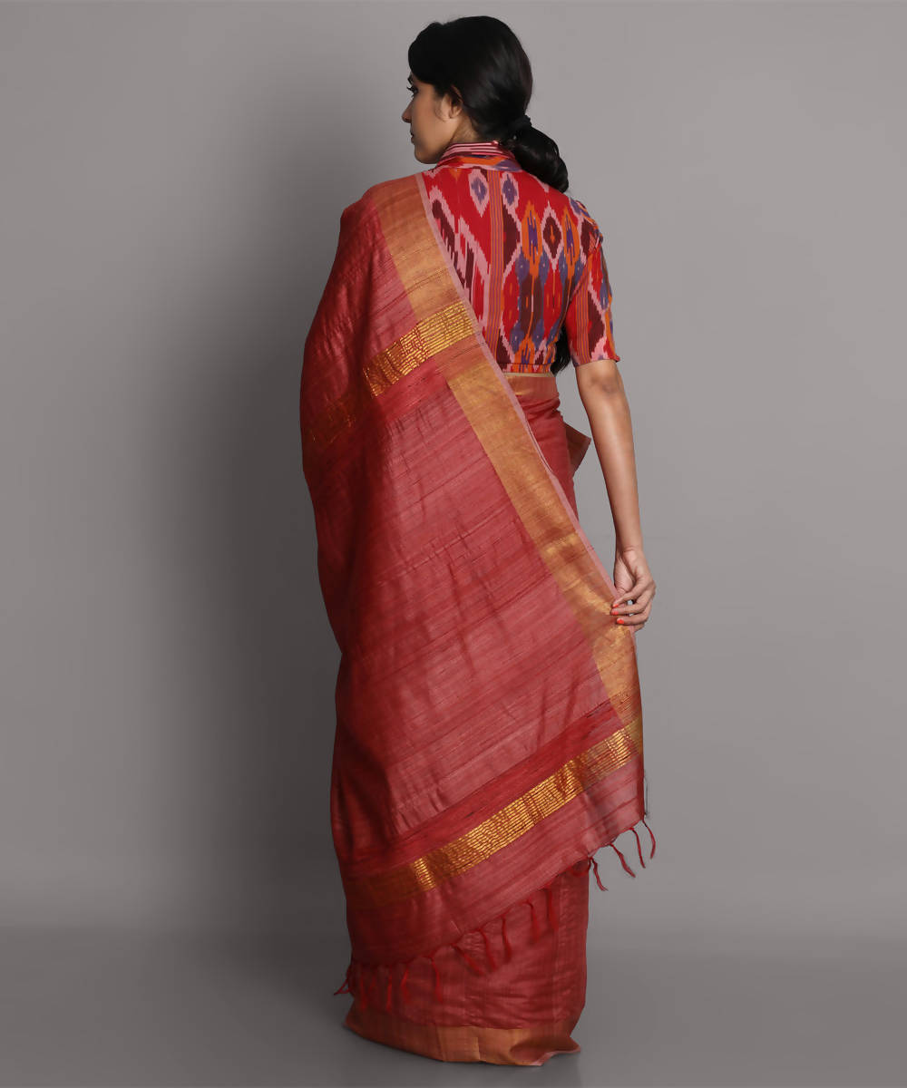 Light red handwoven tussar silk saree