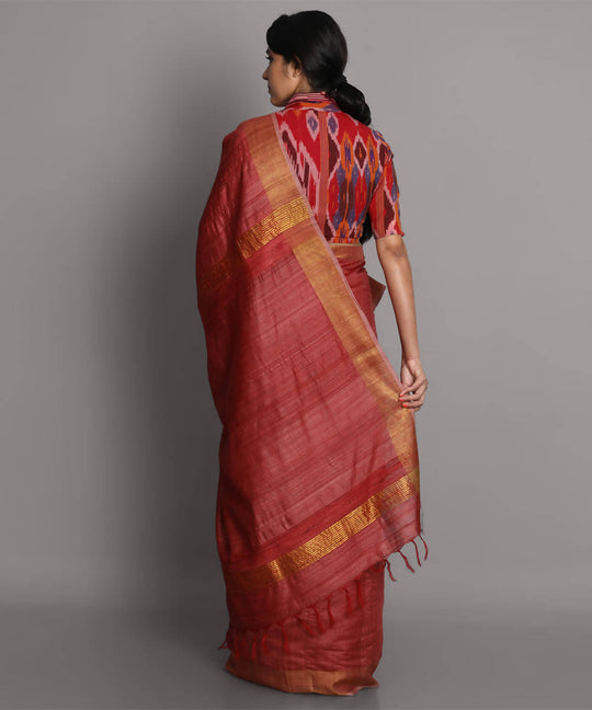Light red handwoven tussar silk saree