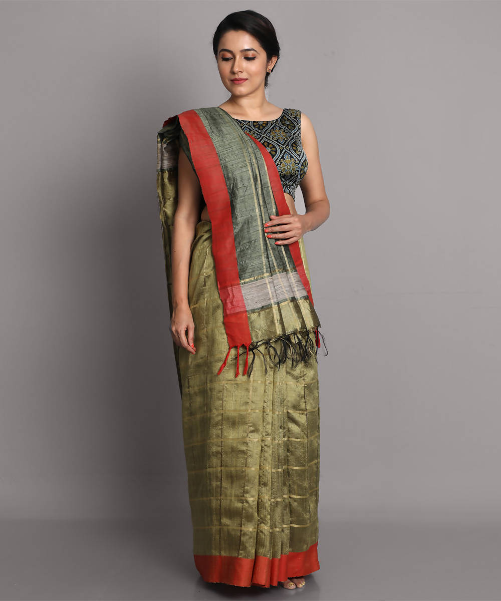 Olive green handwoven tussar silk saree