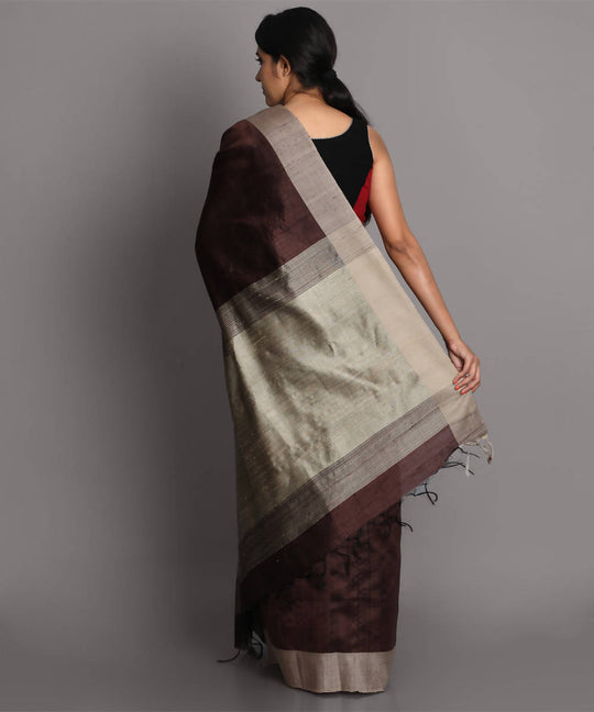 Dark brown handwoven tussar silk saree