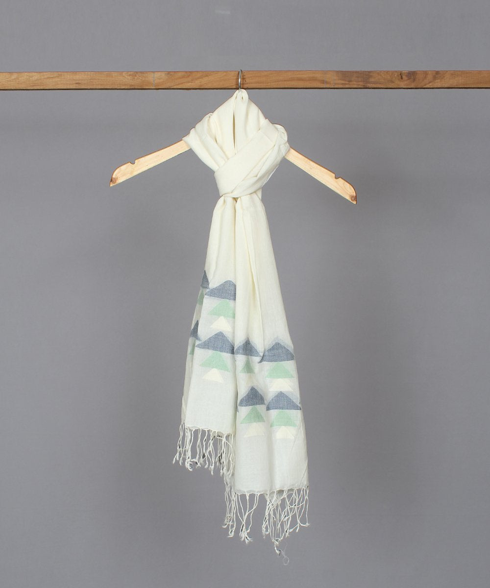 Natural white muslin stole in multicolor jamdani motif