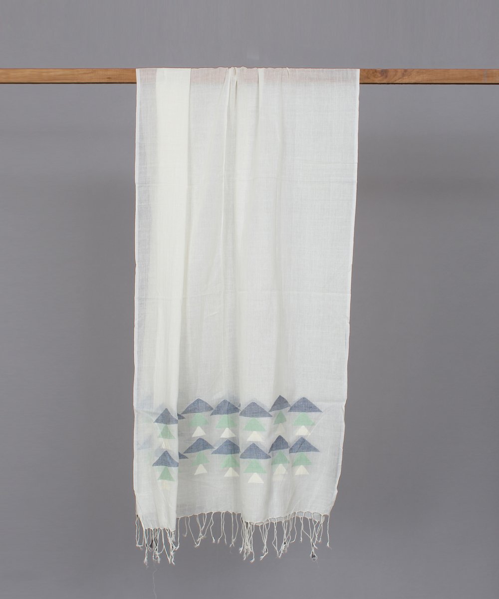 Natural white muslin stole in multicolor jamdani motif
