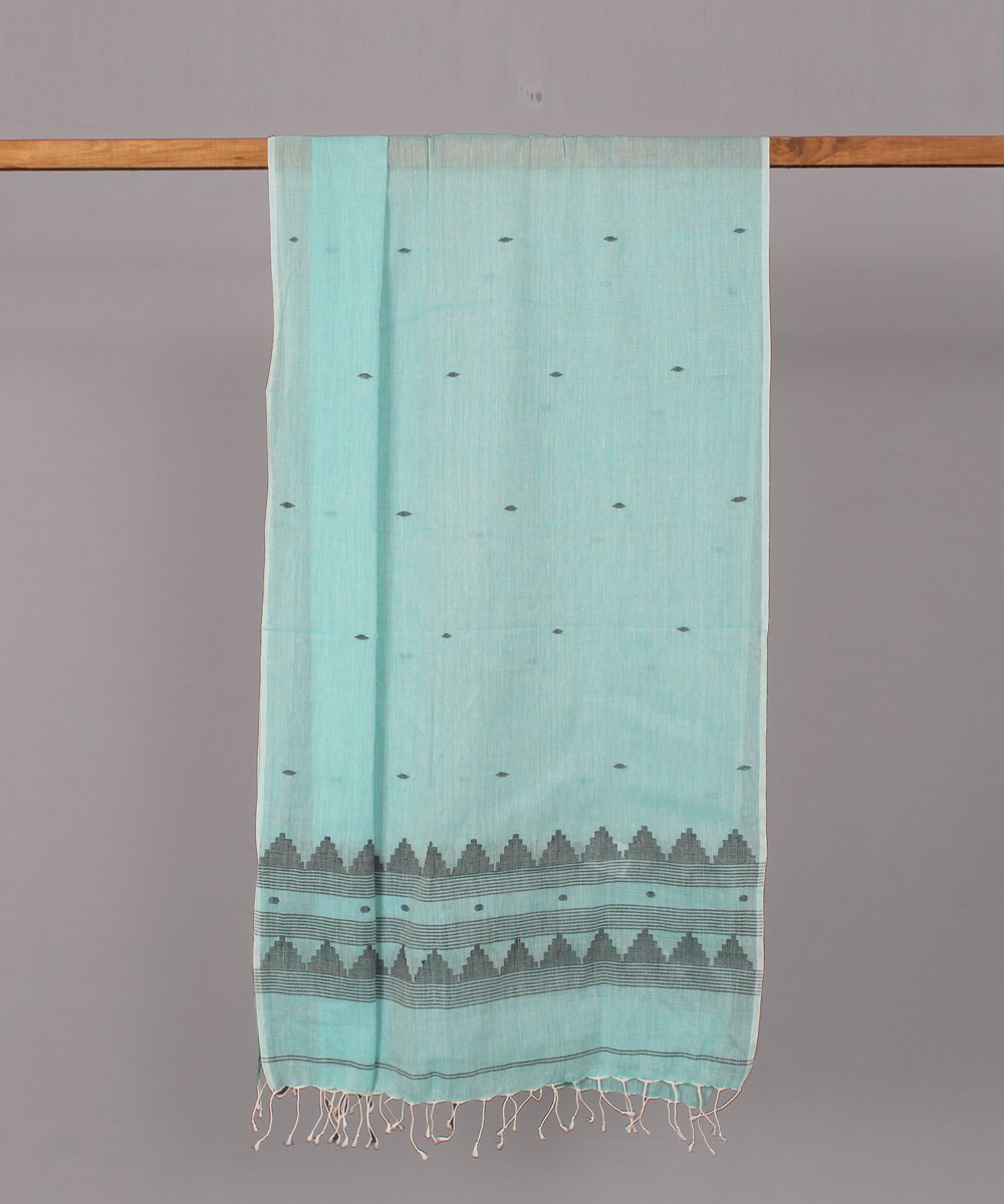 Light turquoise blue muslin stole in black motif