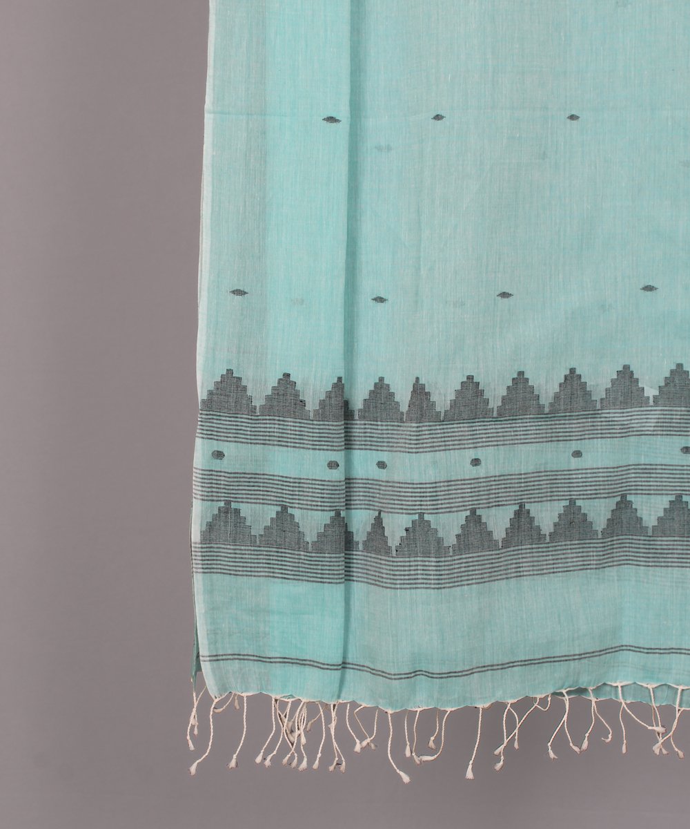 Light turquoise blue muslin stole in black motif