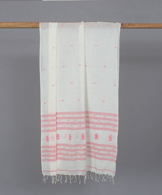 Natural white muslin stole in red jamdani motif