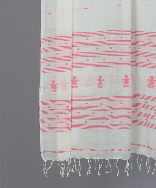 Natural white muslin stole in red jamdani motif