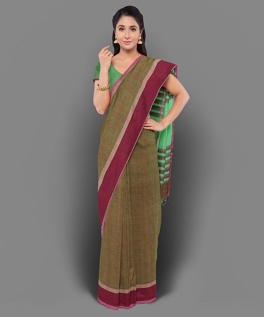 Brown green handwoven cotton saree
