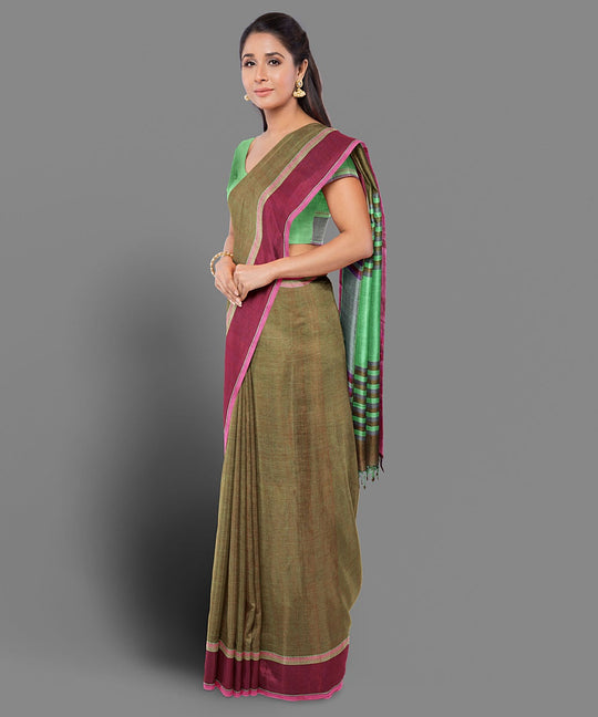 Brown green handwoven cotton saree