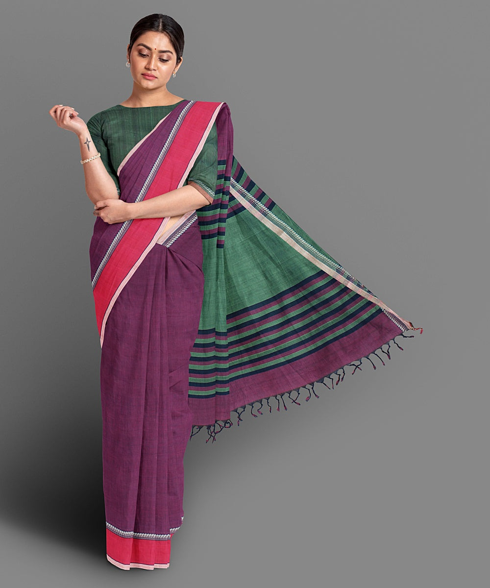 Magenta green handwoven cotton saree