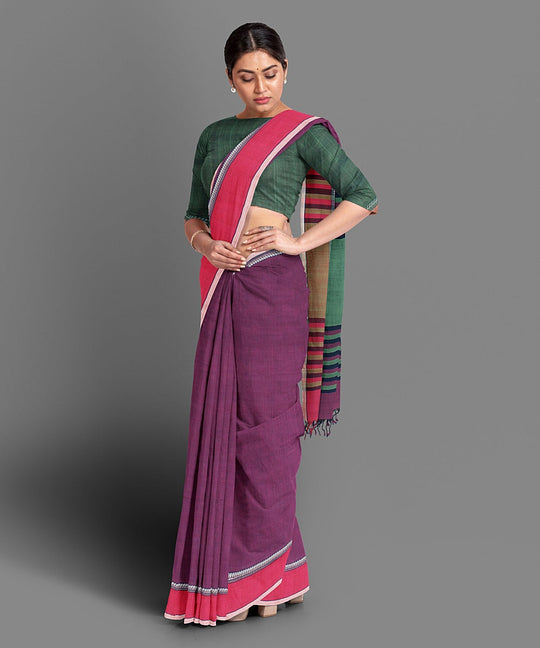 Magenta green handwoven cotton saree