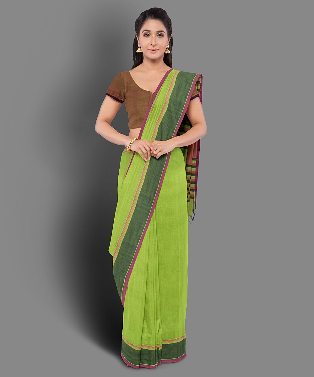 Lime green pink handwoven cotton saree