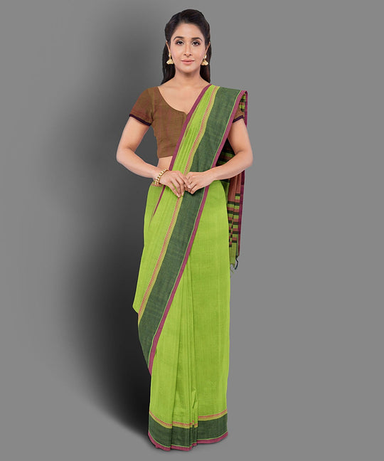 Lime green pink handwoven cotton saree