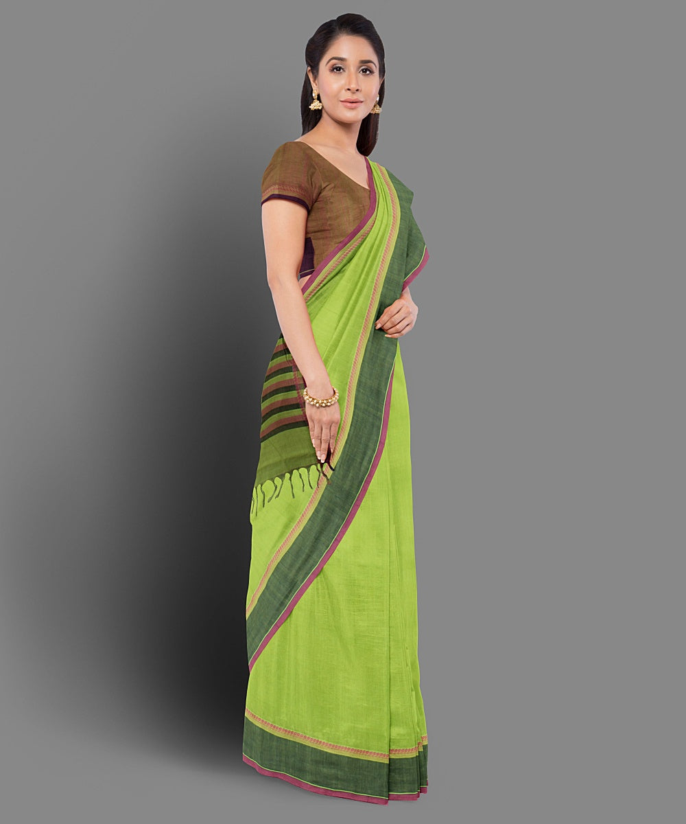 Lime green pink handwoven cotton saree