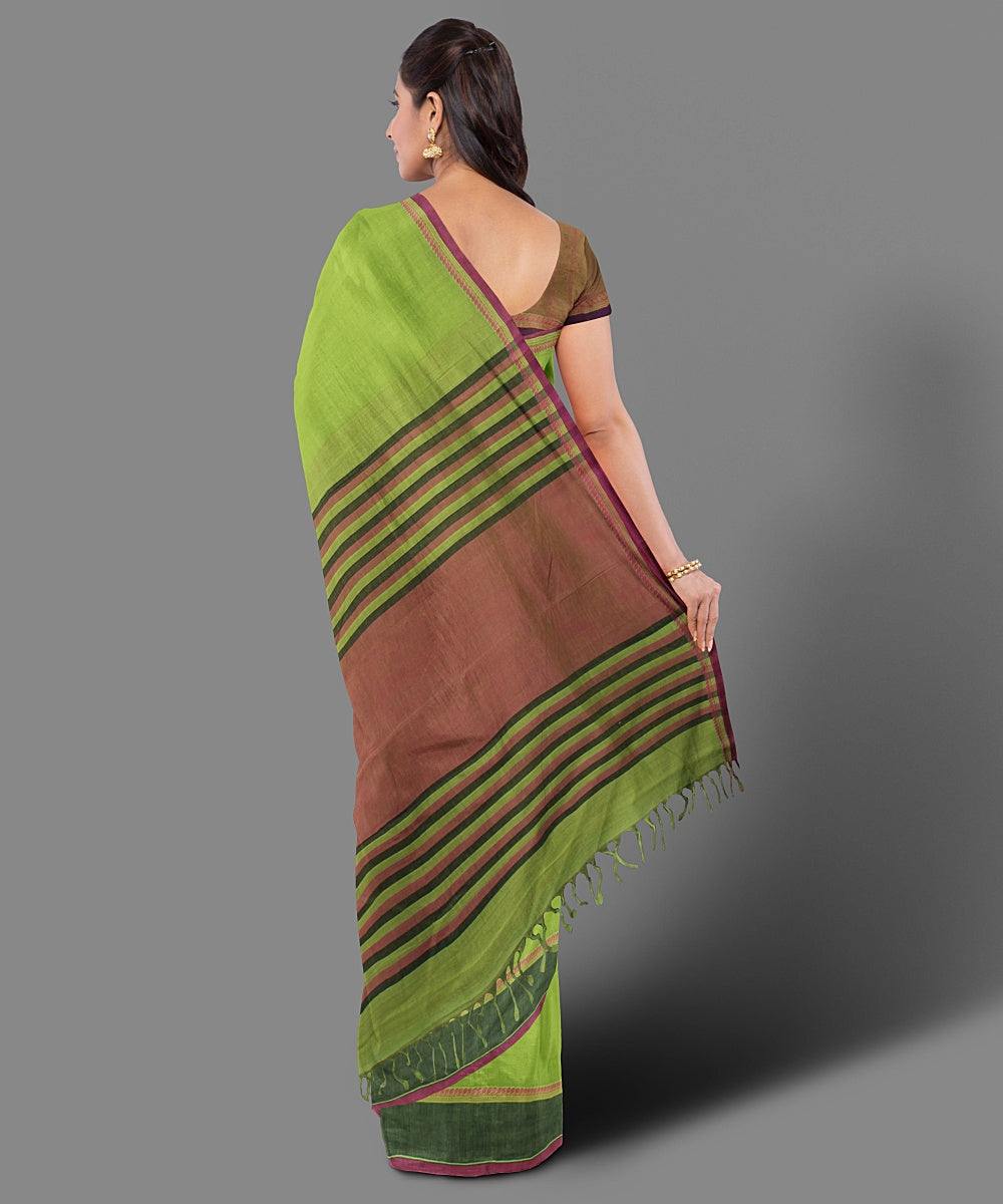 Lime green pink handwoven cotton saree