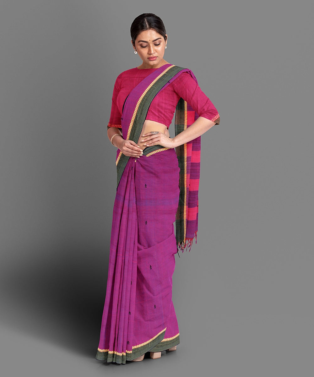 Purple pink handwoven cotton saree