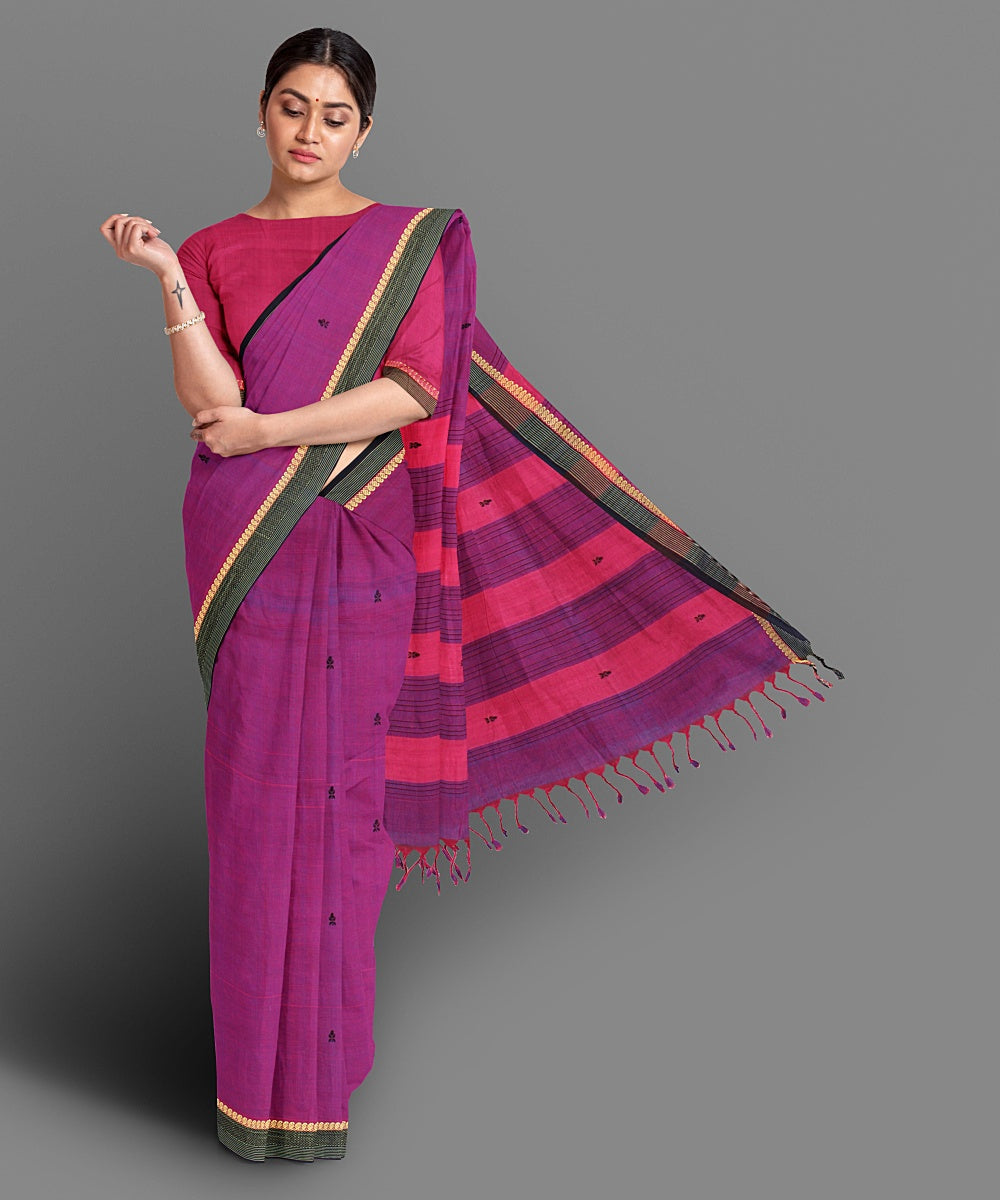 Purple pink handwoven cotton saree