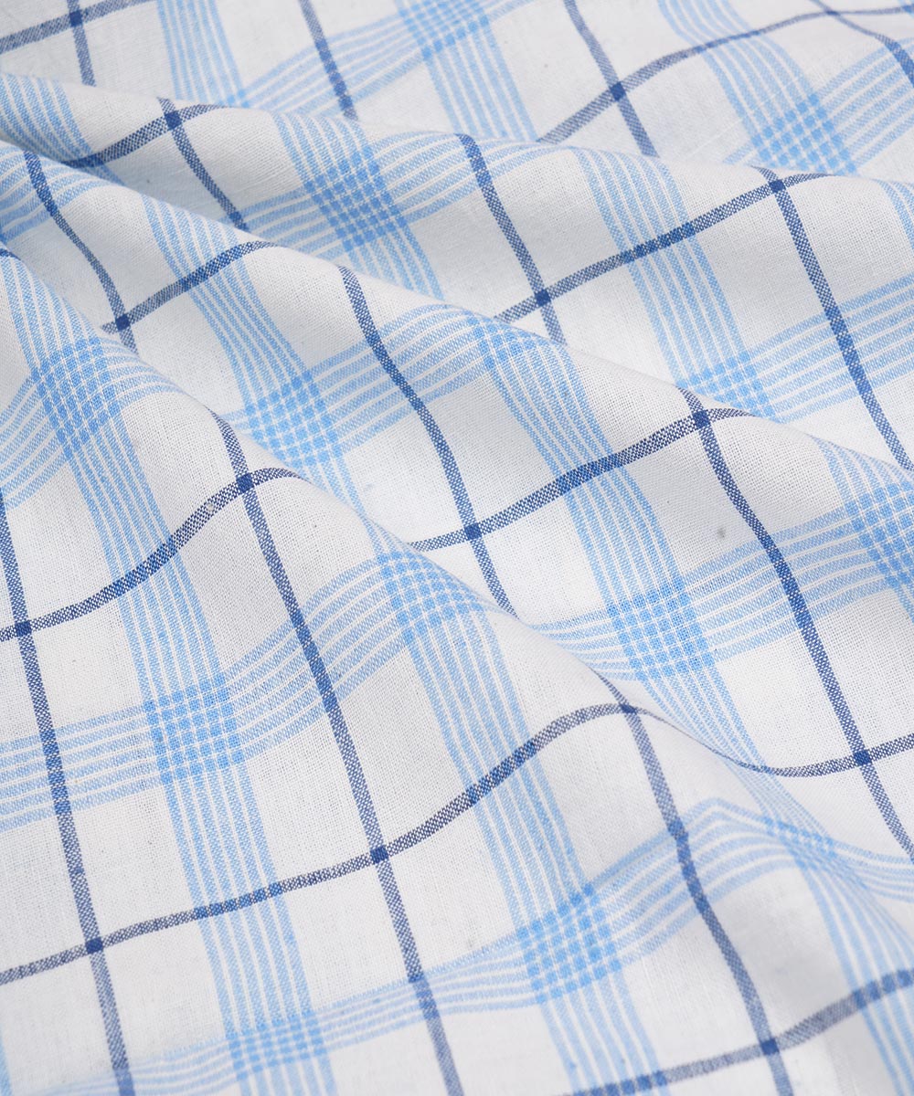 White blue checks handwoven cotton fabric