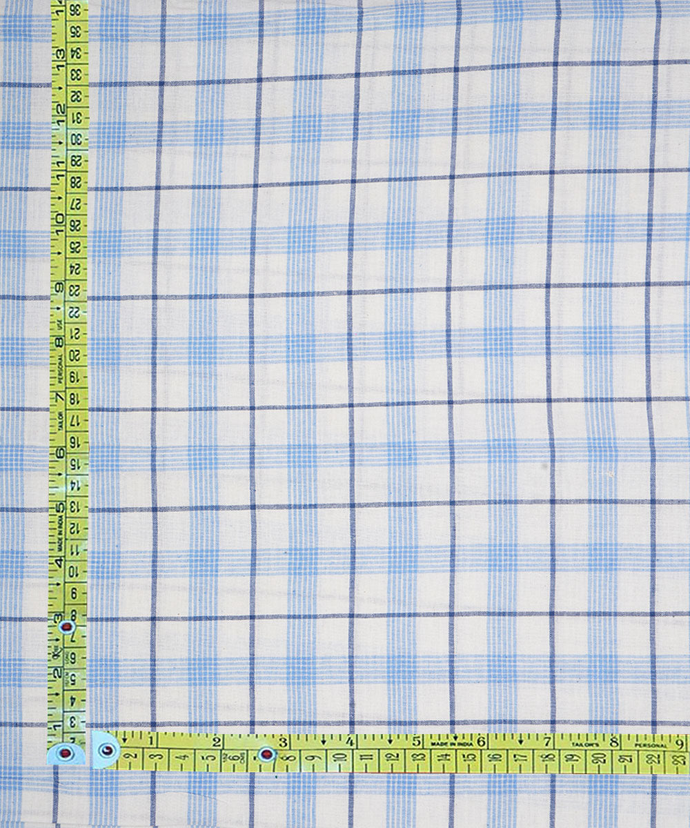 White blue checks handwoven cotton fabric