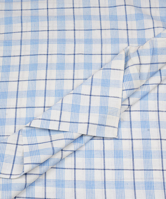 White blue checks handwoven cotton fabric