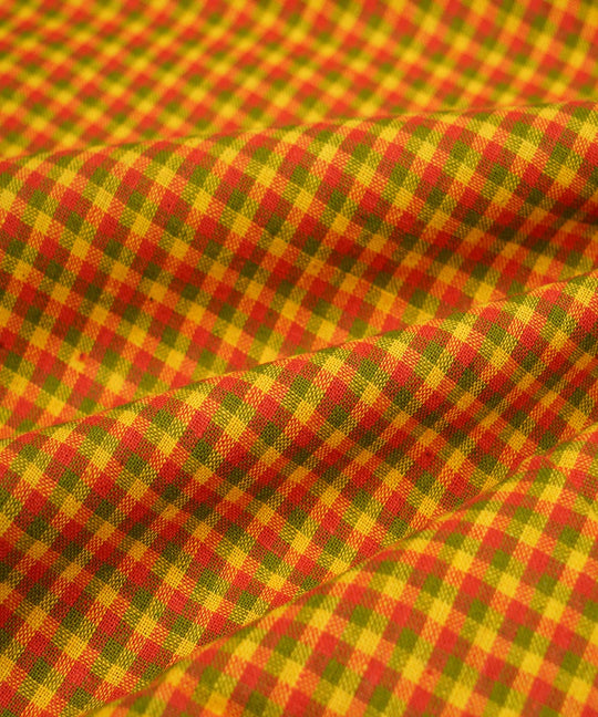 Yellow orange checks handwoven cotton fabric