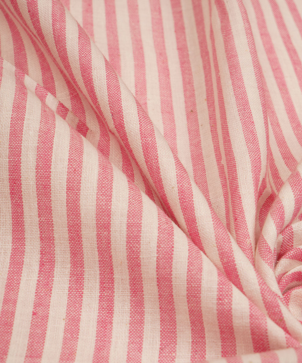 White pink stripes handspun handwoven bengal cotton fabric